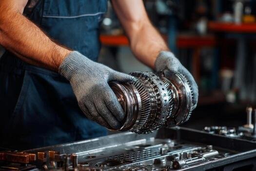 a-man-in-a-blue-shirt-and-gloves-is-working-on-a-machine-free-photo